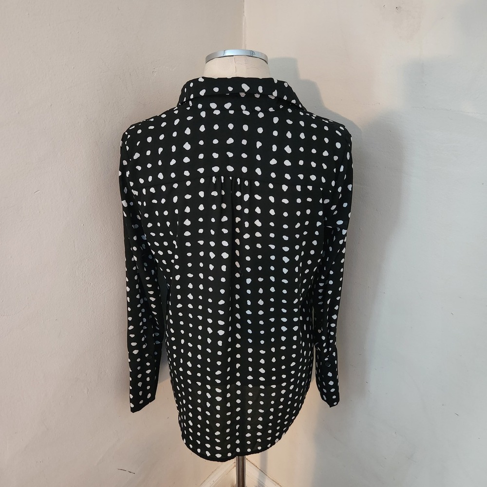 PLEIONE Black White Polka Dot Long Sleeve Collared Button Down Shirt Top S - Picture 2 of 5